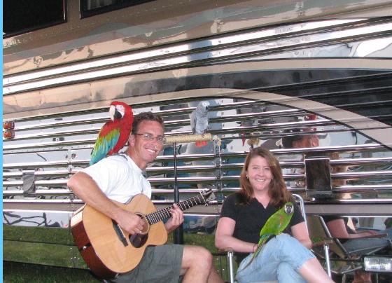 Parrot Trek Frank & Suzy, in their early 30s, hit the road in 2005. They travel with 3 parrots in an older Prevost bus, and consult to RV Parks. 